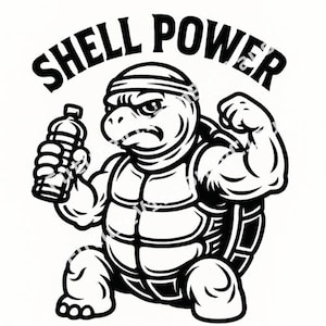 Op de afbeelding: Zwart-wit illustratie van een gespierde schildpad met een waterfles. De schildpad buigt zijn biceps en draagt een zweetband. De tekst "SHELL POWER" is boven de schildpad gebogen.