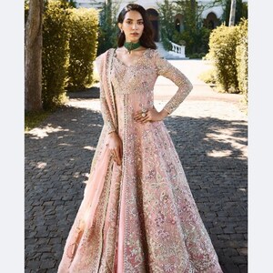 Indian Pakistani Wedding Dress, Hand-Embellished Peach Bridal Lehenga Choli: