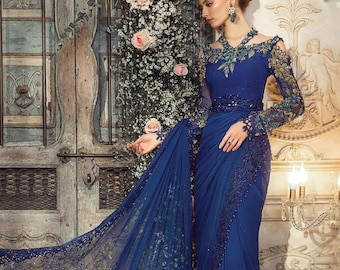 Blue Chiffon Saree Suit: Heavy Embroidery, Indian Pakistani Wedding