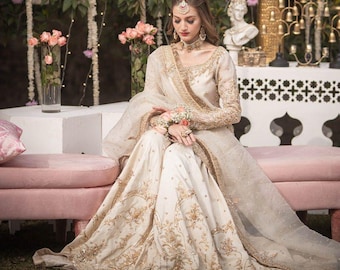 Ivory & Gold Pakistani Wedding Dress: Embroidered Organza, Raw Silk Gharara