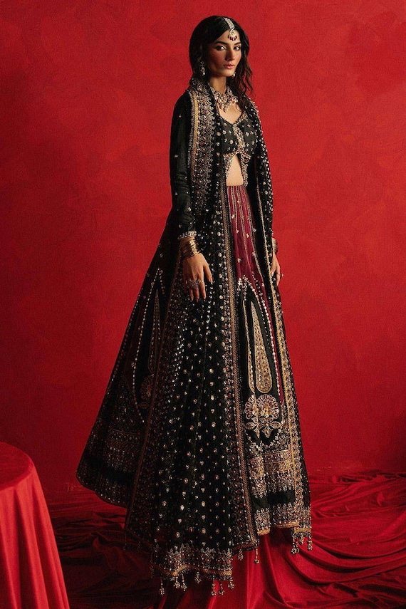 black and red bridal dress pakistani Black and Red Kameez Salwar Pakistani Wedding Dresses LARGE