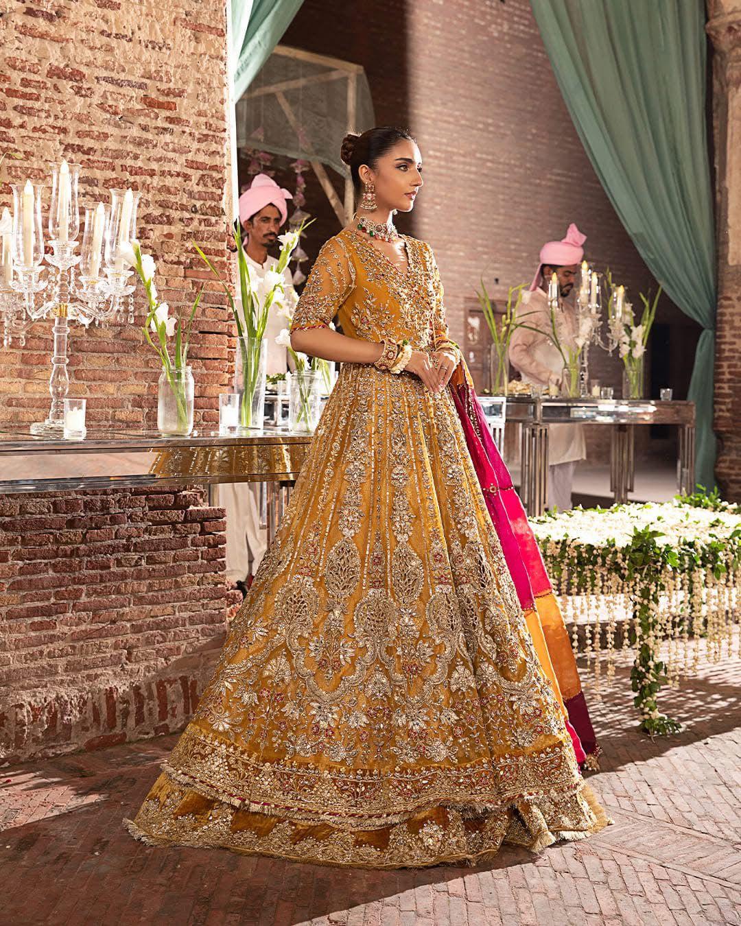 Yellow Embroidered Pakistani Maxi Dress: Velvet Lace Wedding Formal