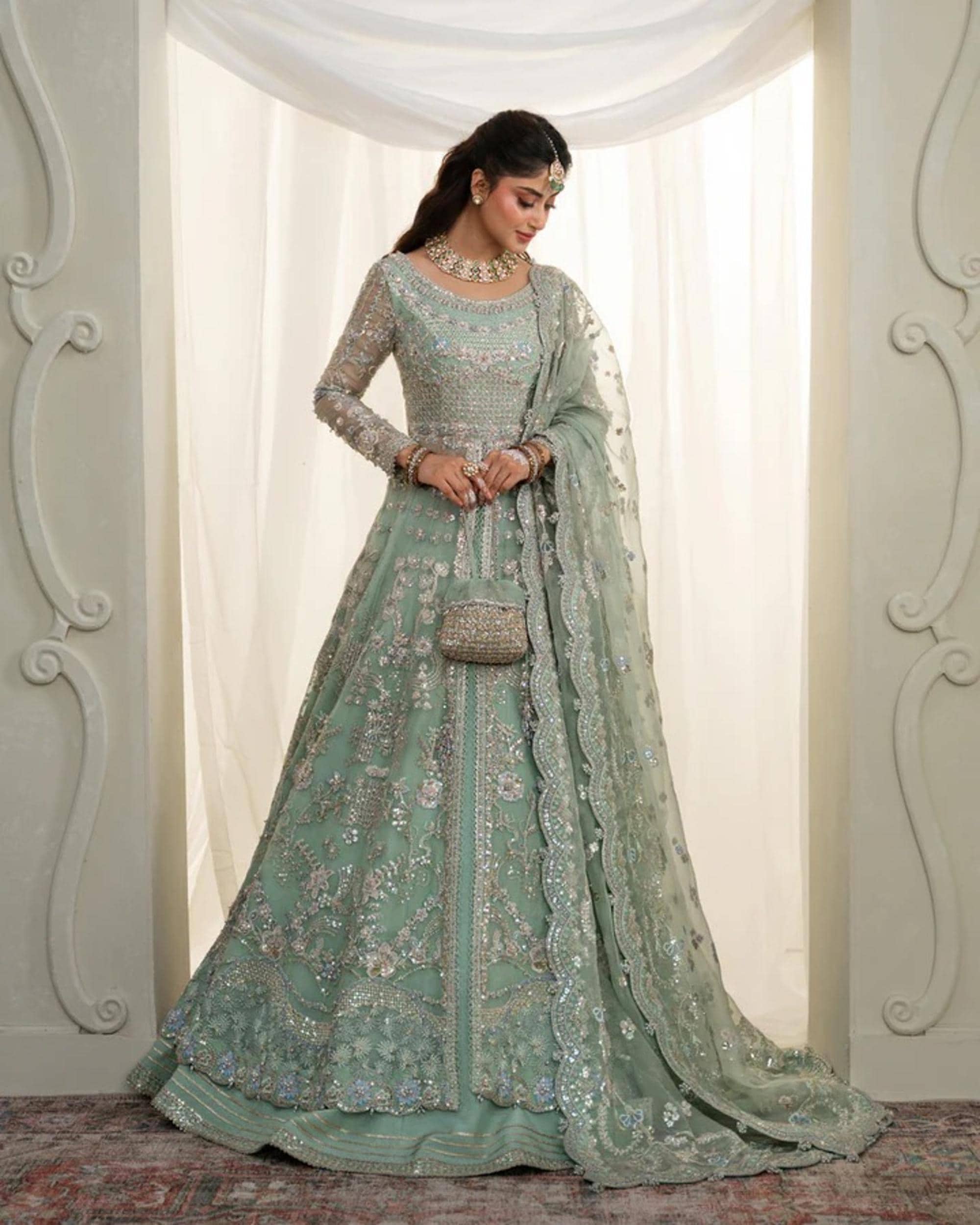 Sage Green Embroidered Pakistani Dress: Net Lehenga Wedding Outfit