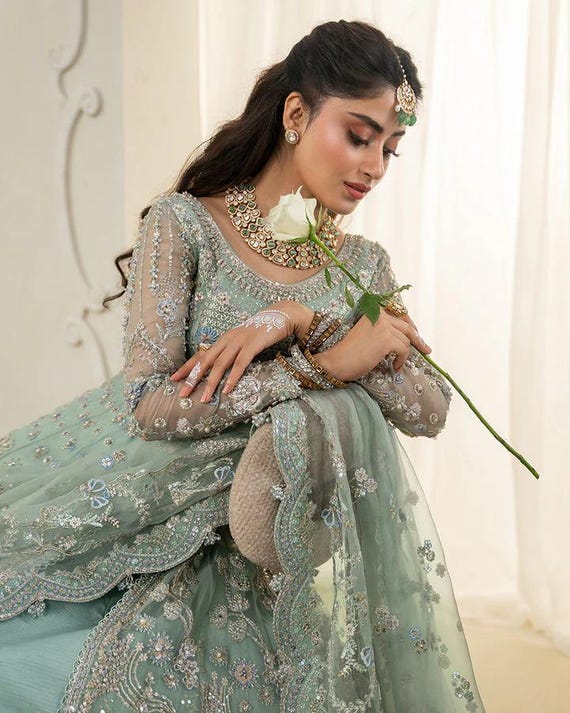 Sage Green Embroidered Pakistani Dress: Net Lehenga Wedding Outfit Sage Green Embroidered Pakistani Dress: Net Lehenga Wedding Outfit