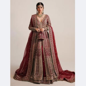 Embroidered Red Pakistani Bridal Maxi Dress: Custom Stitch Wedding Outfit