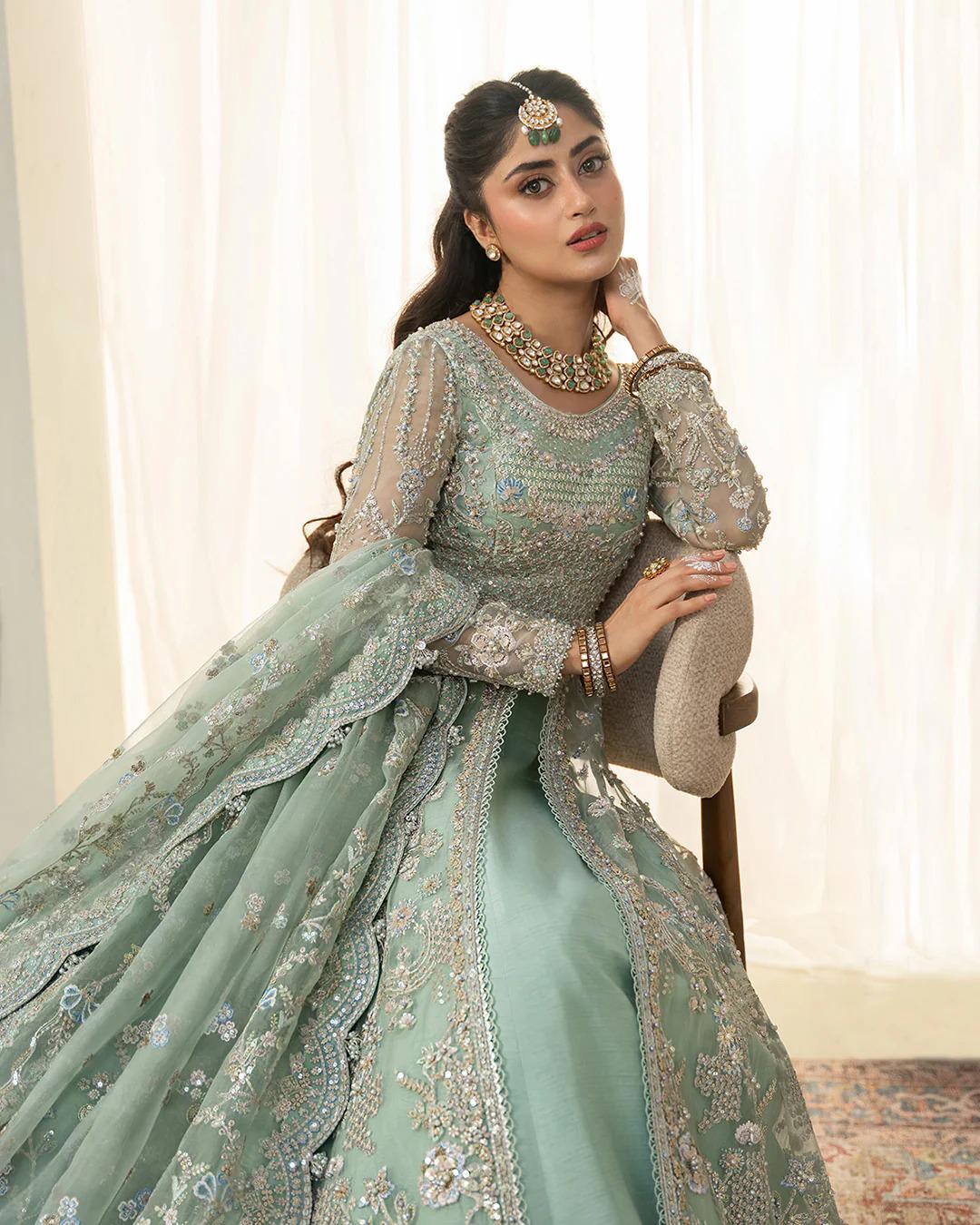 Sage Green Embroidered Pakistani Dress: Net Lehenga Wedding Outfit Sage Green Embroidered Pakistani Dress: Net Lehenga Wedding Outfit
