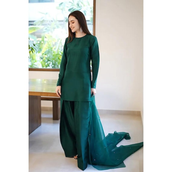 green emerald velvet dress NAOW-566 – Green Raw Silk Pakistani Dress with Handwork & Dupatta