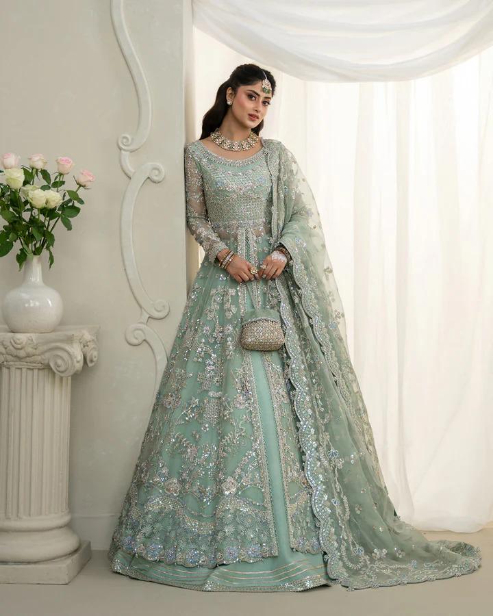 Sage Green Embroidered Pakistani Dress: Net Lehenga Wedding Outfit