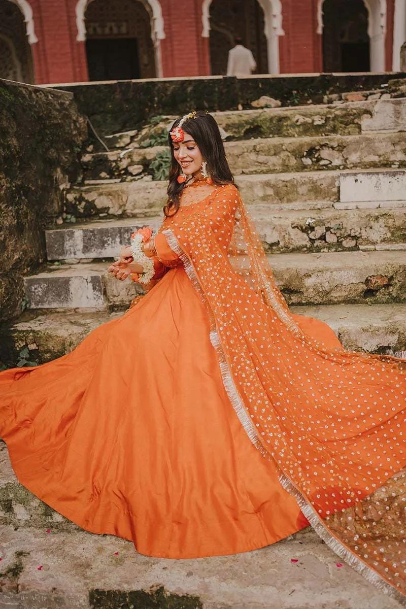 chinese dress ladies Parrot green long dress with bandhani dupatta main image 0