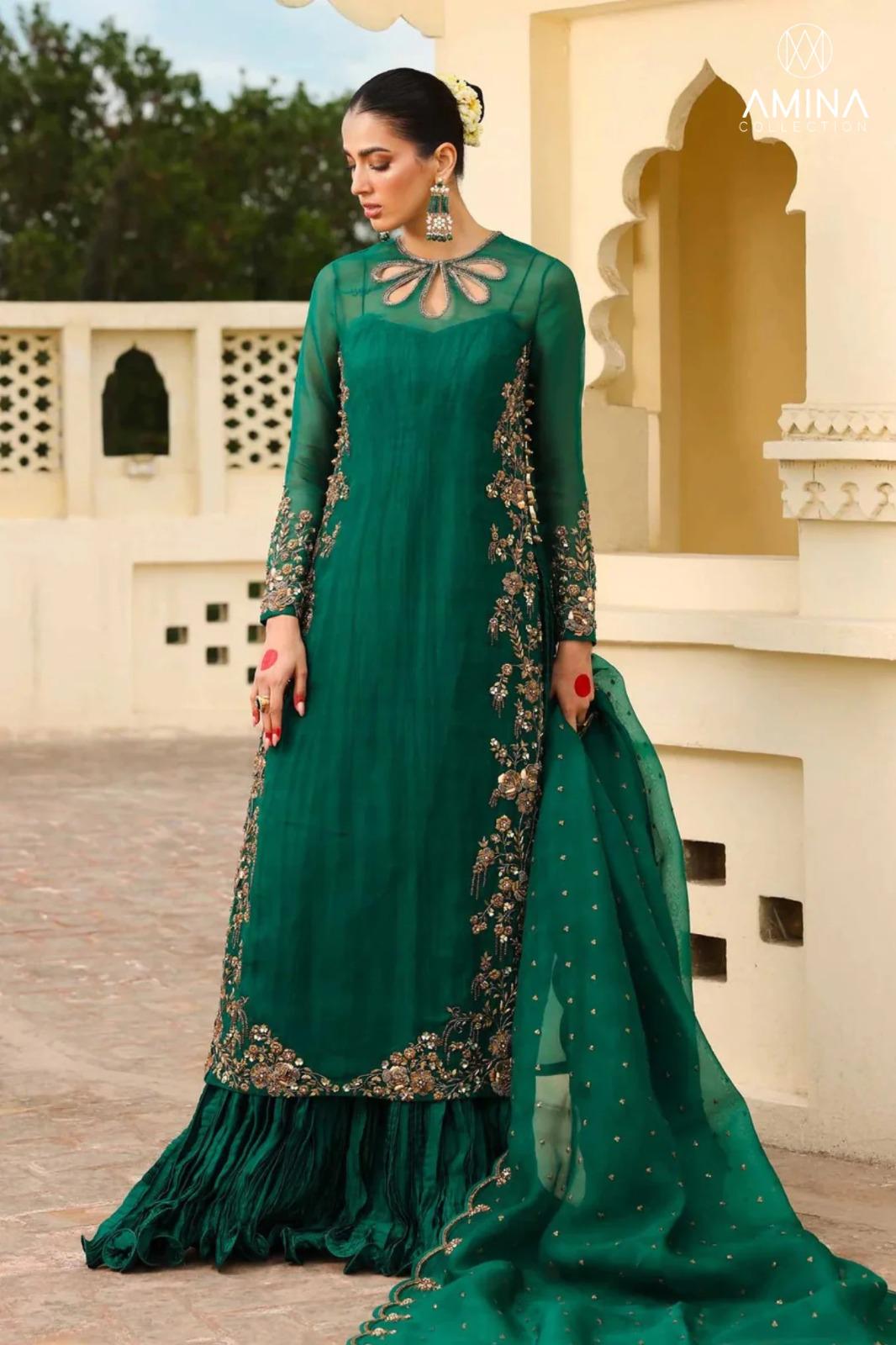 Pakistani Wedding Dress, Bottle Green Chiffon Kaftan Gown, Party dress Pakistani Wedding Dress, Bottle Green Chiffon Kaftan Gown, Party dress