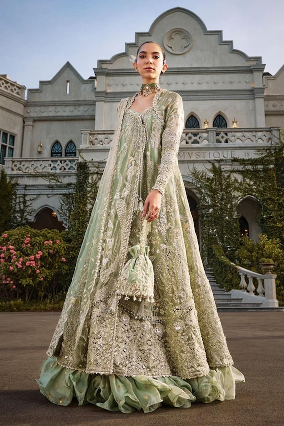 Sage Green Embroidered Pakistani Dress: Net Lehenga Wedding Outfit