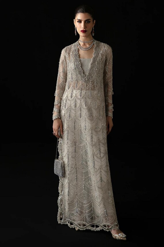 silk formal dresses pakistani White Raw Silk Shalwar Kameez: Pakistani Designer Formal Dress