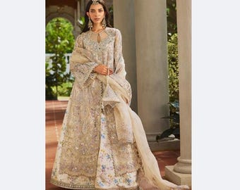 Hand Embroidered Organza Lehenga: Pakistani Indian Wedding Dress