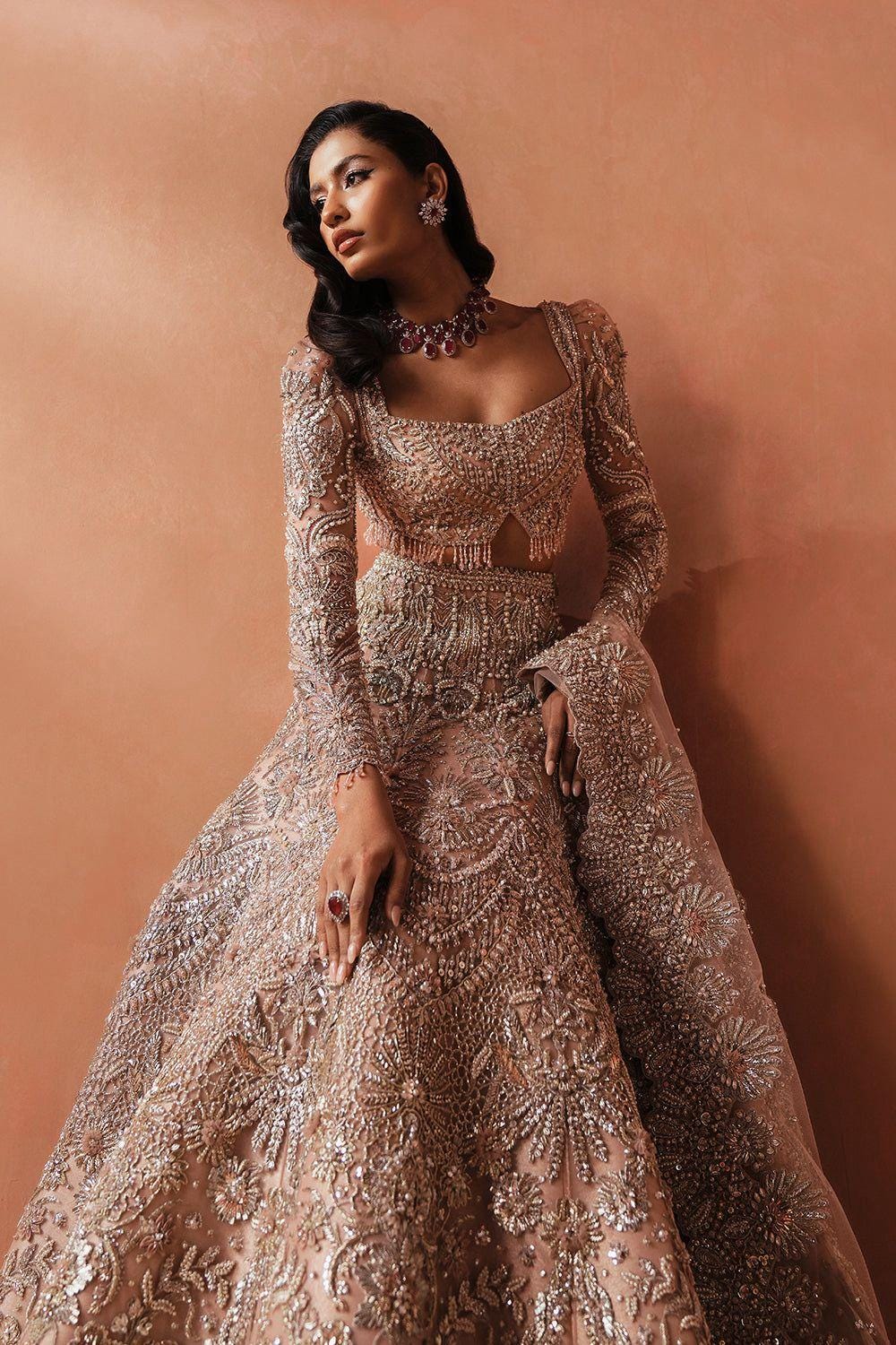 Handmade Embroidered Pakistani Wedding Maxi Dress, Soft Pink Net Lehenga Choli