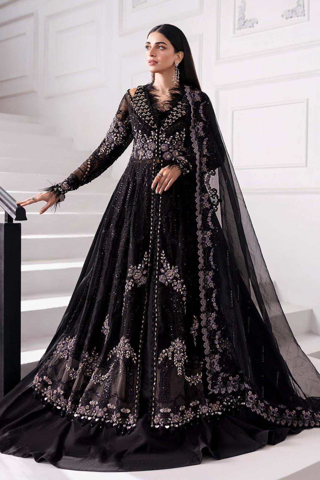 Long Maxi Dresses Pakistan Black Party Wear Embroidered Indian Chiffon Maxi (Unstitched) (CHI-624) Online Shopping