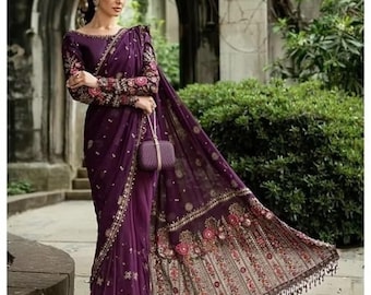 Chiffon Saree Suit, Pakistani Indian Wedding Collection, Sequence Work