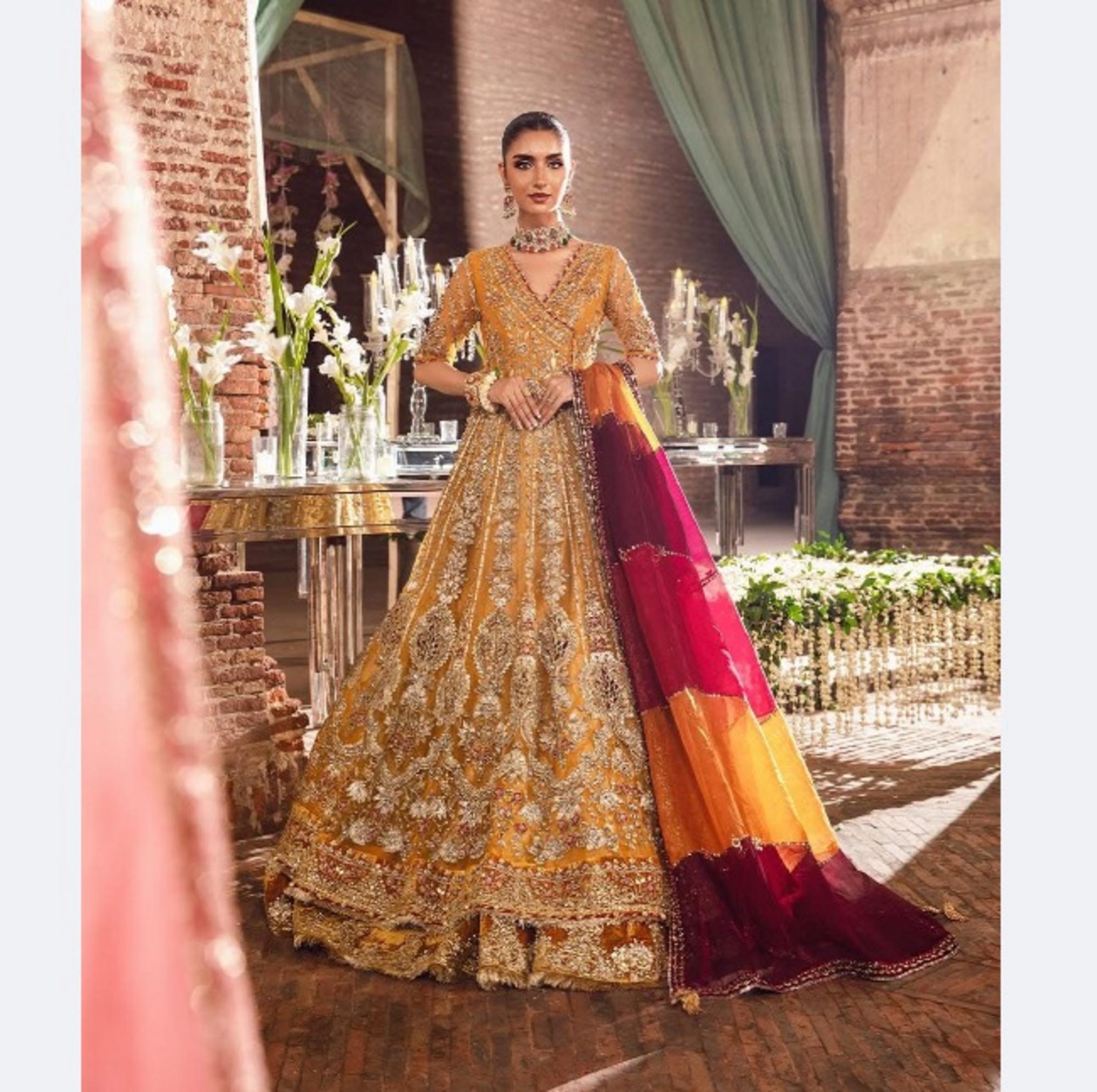 Yellow Embroidered Pakistani Maxi Dress: Velvet Lace Wedding Formal