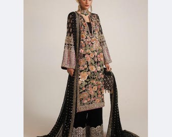 Hand-Embroidered pure Black Organza Dress: Pakistani Indian Wedding, Custom Stitch handmade