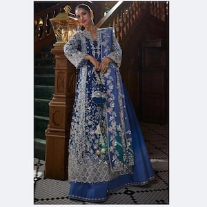 Royal Blue Organza Pakistani Suit, Hand Embellished Wedding Outfit, Custom Stitched