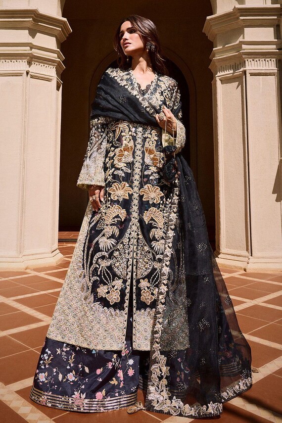 Handmade Embroidered Pakistani Organza Maxi Dress, Black Lehenga
