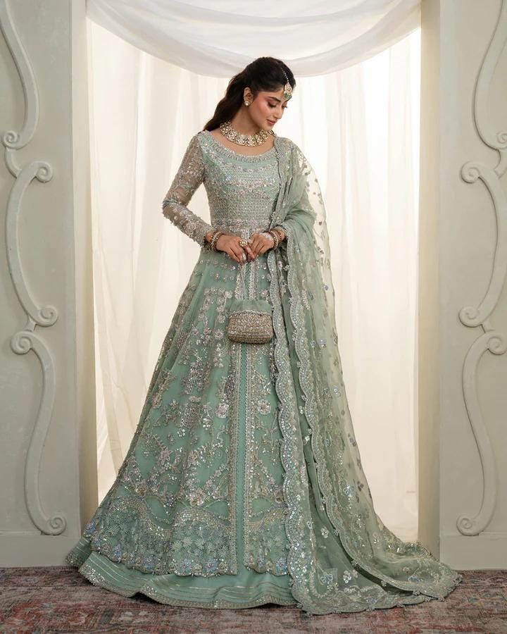 sage green desi dress Sage Green Embroidered Pakistani Dress: Net Lehenga Wedding Outfit