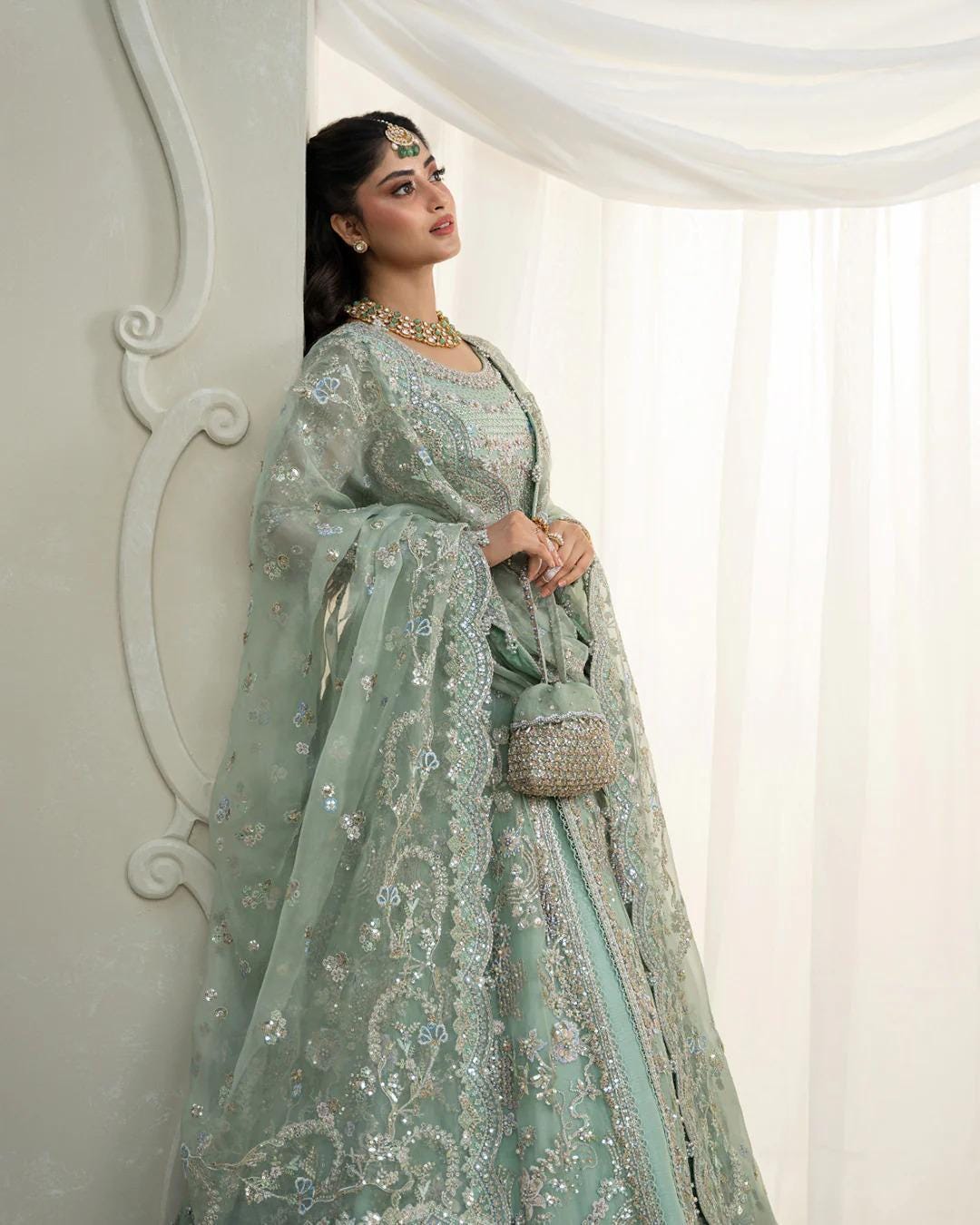 sage green pakistani dress SAGE GREEN HEAVY EMBROIDERED INDIAN WEDDING &amp; EVENING GOWN