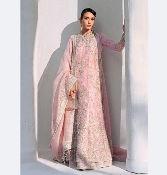 Hand-Embroidered Powder Pink Organza Dress: Pakistani Indian Wedding, Custom Stitch