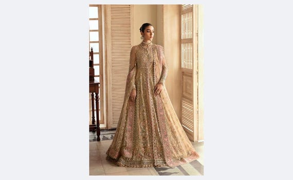 Pink & Gold Pakistani Wedding Dress, Embroidered Net Bridal Maxi