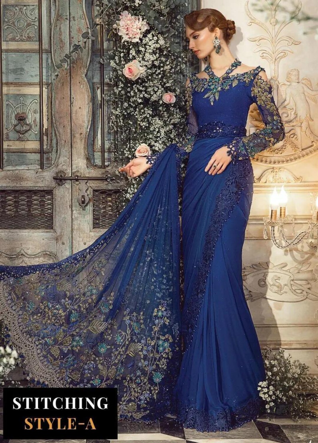 blue saree dress Buy Blue Printed and Embroidered Insta Saree Online for Woman main image 1