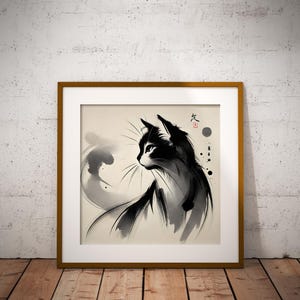 Digital Download Cat Art Print | Japanese Sumi-e Ink Wash Cat Illustration | Minimalist Black and White Wall Decor