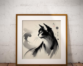 日本の猫のアートプリント：墨絵水墨画「猫」 - 3枚セット - Etsy 日本