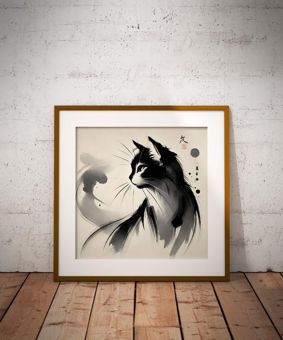 墨絵猫アートプリント：日本の水墨画イラスト（デジタルダウンロード