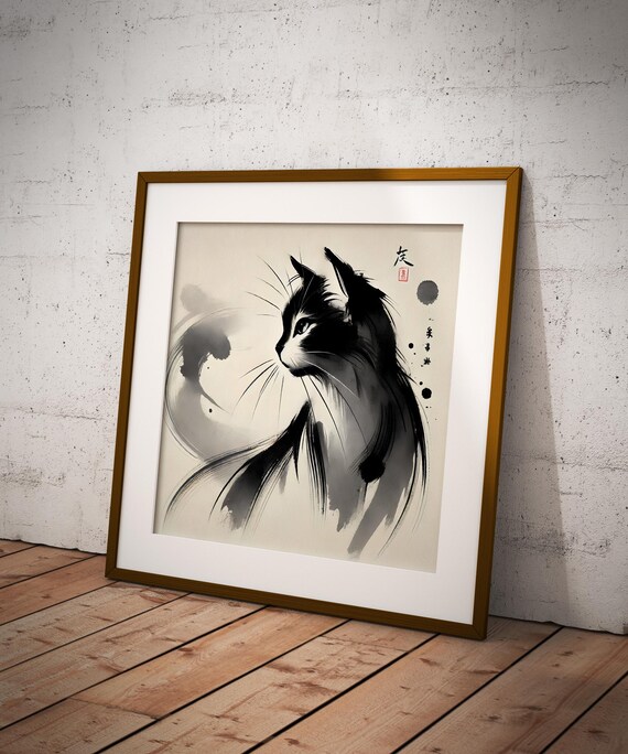 墨絵猫アートプリント：日本の水墨画イラスト（デジタルダウンロード