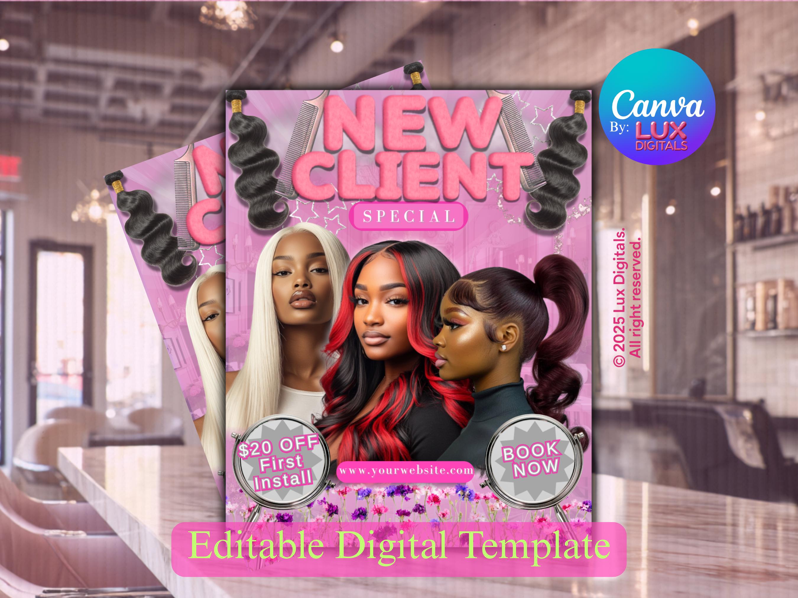 New Client Hair Flyer Canva Template | Editable Wig Install Promo for Stylists, Salons, and Beauty Business Marketing