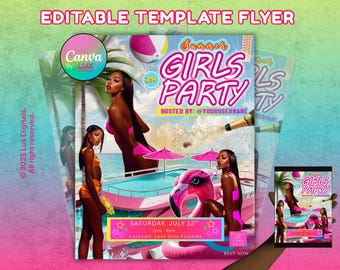 Summer Girls Party Flyer Canva Template | Pool Party Invite | Editable Beach Baddie Flyer | Pink Yacht Birthday Digital Download