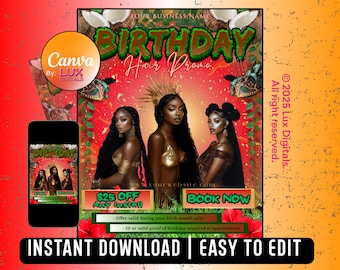 Birthday Hair Promo Flyer Template | Editable Canva Flyer for Hair Stylists | Birthday Discount Digital Flyer | Marketing Download