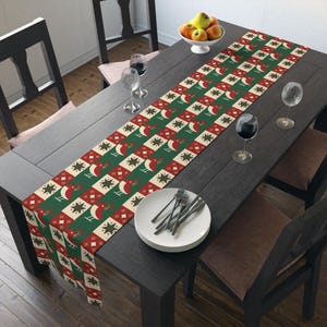 Minimalist Christmas Bird Table Runner | 16x90" Modern Holiday Decor | Festive Red & Green Scandinavian Style