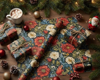 Weihnachtspapier mit William-Morris-Motiv, Vintage-Geschenkpapier mit botanischem Motiv