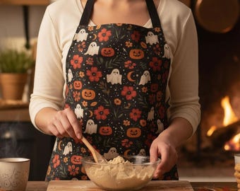 Halloween Apron: Pumpkin & Ghosts Print - Adjustable Fall Baking Apron