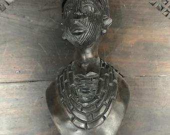 Hand Carved African Benin Bronze Sculpture, Tribal Woman Bust