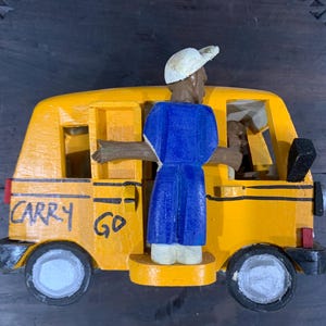 African Lagos Eko Bus, Carved Folk Art Bus, Yellow Wooden School Bus Toy, Hand Painted Yellow School Bus