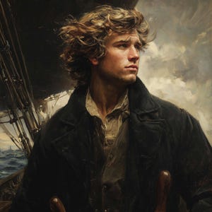Stoic Sailor Oil Painting – Vintage Maritime Portrait, Ship Wheel Nautical Wall Art