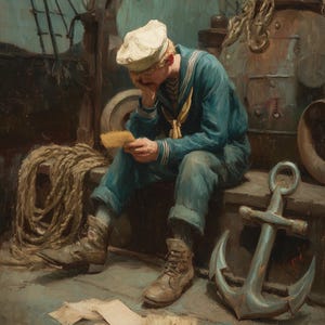 Retrato de marinheiro melancólico – Arte de parede com pintura a óleo vintage, cena de carta da Marinha Marítima