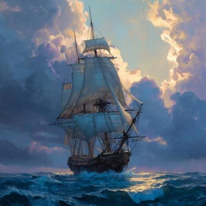 Tall Ship at Sea Print, Vintage Sailing Vessel Wall Art, Nautical Ocean Decor