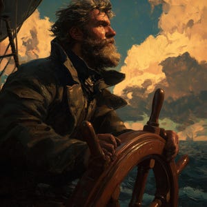 Seekapitän Steuerdruck - Nautische Öl-Stil Maritime Wandkunst, Ozean Abenteuer Dekor