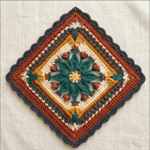 May include: A square, crocheted doily with a floral design. The center features a teal flower with a yellow center, surrounded by cream, gold, and rust-colored yarn. The outer edge is a scalloped navy blue.
