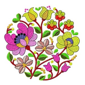 May include: A circular floral embroidery design with a variety of colourful flowers and leaves. The design includes pink, yellow, and red flowers with green leaves and stems. The embroidery is detailed and vibrant, set against a white background.