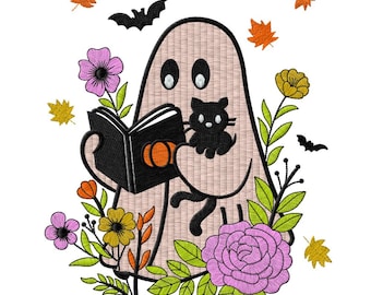 Halloween Ghost with Cat Embroidery Design – Spooky Book Pattern, 3 Sizes, Instant Download