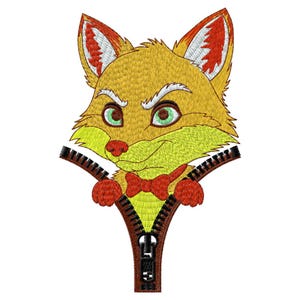 May include: Embroidered design of a cartoon fox with a mischievous expression. The fox has orange and yellow fur, green eyes, and a red bow tie. The fox is emerging from a brown zipper.