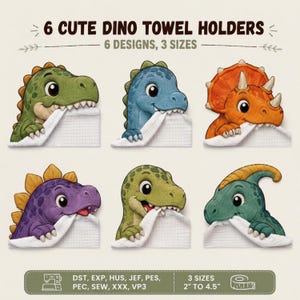 May include: Six embroidered dinosaur towel holders in green, blue, orange, and purple, each biting a white waffle-textured towel. Text reads 6 CUTE DINO TOWEL HOLDERS, 6 DESIGNS, 3 SIZES, and lists file formats with sizes from 2 inches to 4.5 inches.